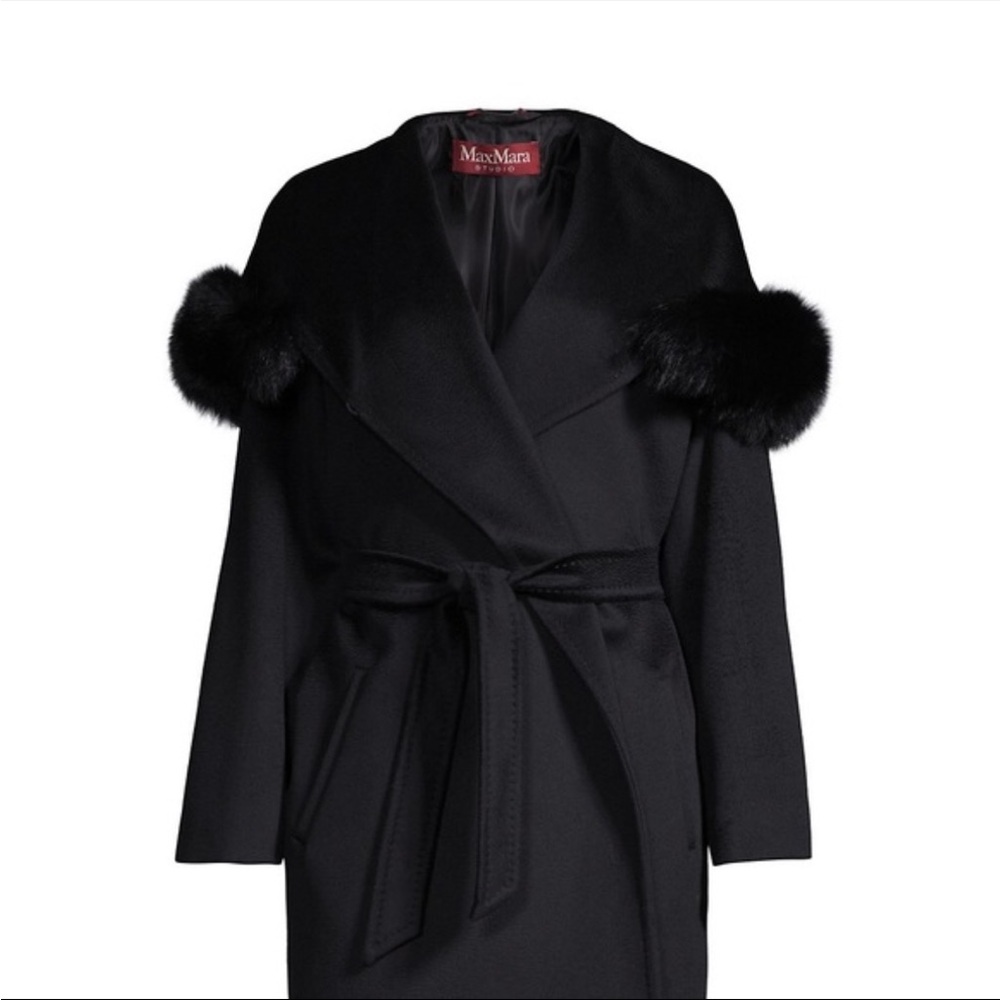 MaxMara Elegant Black Robe with Fur Accents- No Belt